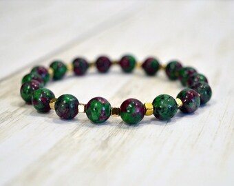 Green & Magenta Jasper Bracelet with Gold Accents: Man's or Woman's Gemstone Bracelet,  Handmade Stretch Bracelet, Made to Order