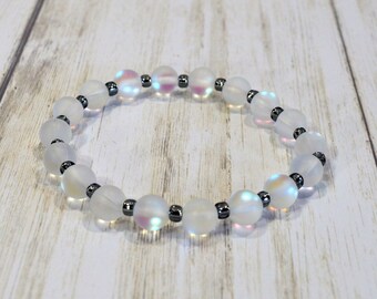 Moonstone Bracelet: Frosted White Mermaid Bracelet, Beaded Stretch Bracelet, Woman's Stacking Bracelet, Made to Order, Handmade in the USA