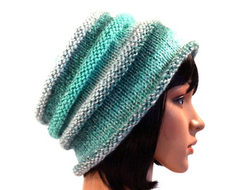 Hand Knit Mint Green Beanie: Striped Beehive Hat, Adult Size M/L, Roll Brim Accordion Hat, Handmade in the USA, Ready to Ship