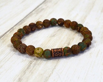 Green & Brown Agate Bracelet: Handmade Gemstone Bracelet, Man's or Woman's Stretch Bracelet, Yoga or Meditation Bracelet, Made to Order