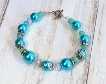 Aqua Pearl & Rhinestone Bracelet: Handmade Woman's Bracelet, Colorful Glass Pearl Bead Mix, Toggle Clasp Bracelet, Ready to Ship