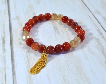 Fire Agate Beaded Bracelet: Burnt Orange Handmade Bracelet, Woman's Stretch Bracelet with Tassel, Jewelry Made to Order in the USA