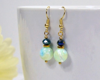 Mint Green & Gold Drop Earrings: Dyed Shell Earrings with Golden Accents, Nickle Free Ear Wires, Women's Jewelry Handmade in the USA