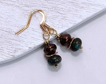 Pearl Drop Earrings: Freshwater Pearl & Impression Jasper Gemstone Earrings, Gold Filled Nickle-Free Ear Wires, Handmade Artisan Jewelry