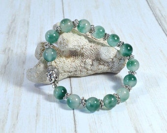 Seafoam Green Beaded Bracelet: Green Flourite Gemstones & Buddha Bead, Woman's or Man's Stretch Bracelet, Artisan Jewelry, Made to Order