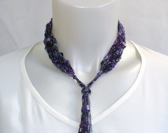 Ultra Violet Ladder Yarn Necklace: Purple Ribbon Necklace, Adjustable Crochet Choker, Handmade Fiber Necklace, Ready to Ship