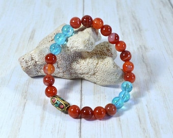 Fire & Water: Polished Fire Agate Stretch Bracelet with Tibetan Accent Bead, Handmade Woman's Bracelet, Made to Order