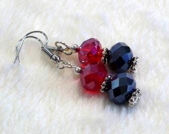 Bold Red & Black Dangle Earrings: Faceted Glass Earrings on Nickle-Free Ear Wires, Handmade in the USA, Gifts for Her, Fashion Earrings