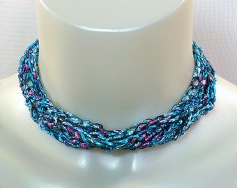 Blue & Pink Ladder Yarn Necklace: Crocheted Ribbon Necklace, Lariat or Choker Necklace, Adjustable Length, Fiber Jewelry, Friendship Gift