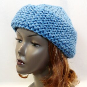 Sky Blue Warm Winter Beanie: Cossack Style Hat, Hand Knit Chunky Wool Blend, Adult Hat Size S/M, Handmade in the USA, Ready to Ship image 3