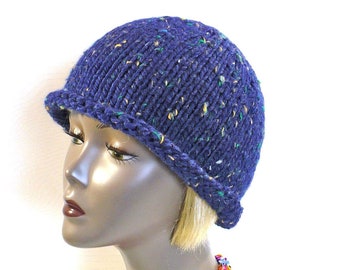 Hand Knit Blue Tweed Rolled Brim Hat, Knit Bucket Hat, Retro Style Man's or Woman's Hat, Handmade in the USA, Size M/L, Ready to Ship