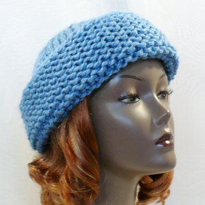 Sky Blue Warm Winter Beanie: Cossack Style Hat, Hand Knit Chunky Wool Blend, Adult Hat Size S/M, Handmade in the USA, Ready to Ship image 6