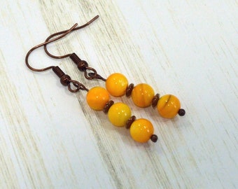 Yellow Shell Earrings: Minimalist Style, Dyed Shell Beads on Nickle Free Copper Ear Wires, Women's Pierced Earrings, Handmade in the USA