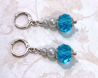 Aqua & Silver Drop Earrings: Sparkling Blue Earrings with Glass Pearl Accents, Nickle-ree Round Lever-Back Ear Wires, Handmade in the USA