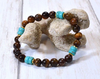 Tiger Eye & Turquoise Bracelet: Handmade Gemstone Bracelet, Man's or Woman's Stretch Bracelet, Sized to Fit, Made to Order