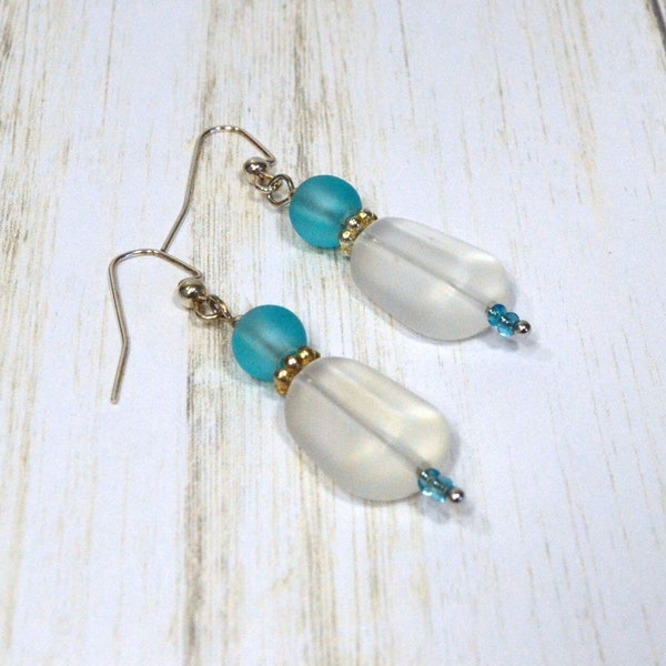 Aqua & White Earrings: Frosted Glass Dangle Earrings, Women's Earrings on Nickle-Free Ear Wires, Handmade in the USA, Ready to Ship