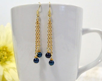 Blue & Gold Chain Earrings: Retro Lightweight Dangle Earrings on Nickle-Free Ear Wires, Women's Jewelry, Handmade in the USA