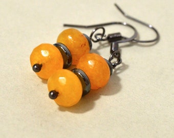 Yellow Jade Earrings: Stacked Gemstone Earrings on Nickle Free Wires, Woman's Lightweight Earrings, Handmade in USA and Ready to Ship