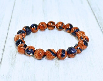 Goldstone Bracelet: Swirled Brown & Navy Fusion Bracelet, Woman's or Man's Stretch Bracelet, Handmade Jewelry, Made to Order