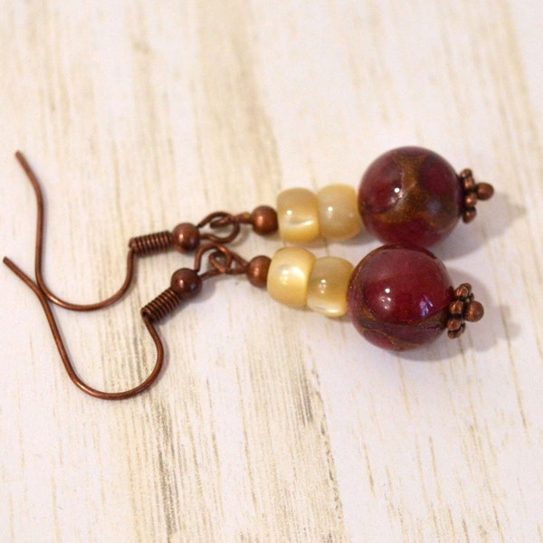 Berry Red & Golden Shell Drop Earrings: Mixed Stone Earrings with Translucent Shell Beads, Copper Plated Ear Wires, Jewelry Handmade in USA