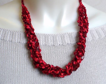 Red Ladder Yarn Necklace: Red Ribbon Necklace, Crochet Choker, Fiber Necklace, Adjustable Length, Gift for Woman, Handmade in the USA