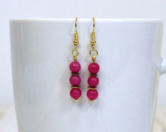 Pink & Gold Earrings: Petite Quartzite Beads on Nickle Free Ear Wires, Minimalist Style, Women's Gemstone Earrings, Handmade in the USA