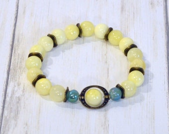 Yellow Gemstone Bracelet, Handmade Stretch Bracelet, Lemon Yellow Dyed Quartzite Beaded Bracelet, Woman's Bracelet, Made to Order