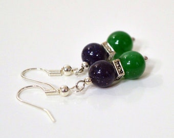 Navy & Kelly Green Earrings: Aventurine and Dark Blue Goldstone Drop Earrings, Nickle Free Ear Wires, Handmade in the USA, Ready to Ship