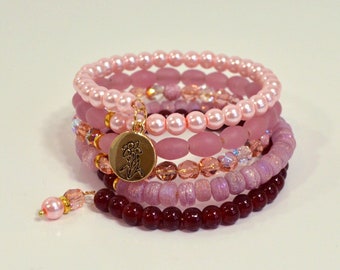 Pink Beaded Wrap Bracelet: Handmade Memory Wire Bracelet with Floral Charm