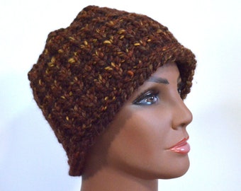 Hand Knit Winter Hat: Rugged Brown Beanie, Warm Chunky Knit Hat, Man's or Woman's Size S/M, Autumn Coloring, Ready to Ship