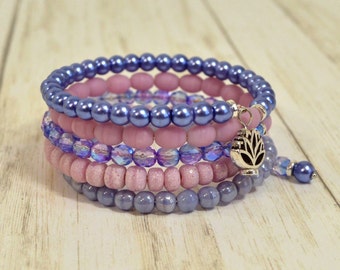 Blue & Pink Wrap Bracelet: Woman's Beaded Bracelet with Lotus Flower Charm, Memory Wire Bracelet, Handmade Stacked Bracelet, Ready to Ship