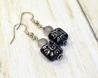 Black and Gray Earrings: Hand Painted Earrings with Geometric Design, Minimalist Earrings on Nickle-Free Silver Ear Wires, Handmade Jewelry