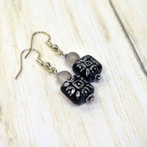 Black and Gray Earrings: Hand Painted Earrings with Geometric Design, Minimalist Earrings on Nickle-Free Silver Ear Wires, Handmade Jewelry