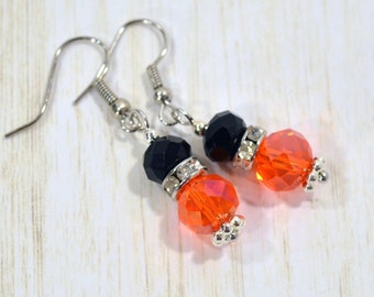 Orange & Black Dangle Earrings; Sparkling Glass Earrings, Nickle-Free Ear Wires, Handmade in the USA, Small Gifts for Her, Team Colors