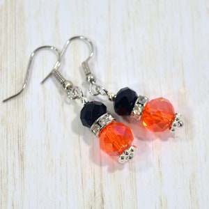 Orange & Black Dangle Earrings; Sparkling Glass Earrings, Nickle-Free Ear Wires, Handmade in the USA, Small Gifts for Her, Team Colors