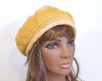 Mustard Yellow & Barely Pink Beret: Hand Knit Slouchy Tam, Gently Striped Beret, Knitted Fashion Hat, Size S, Handmade in USA, Ready to Ship