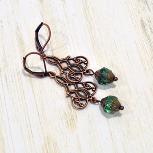 Copper & Green Dangle Earrings: Elegant Retro Earrings, Green Czech Beads on Baroque Connectors, Nickle-Free Ear Wires, Handmade Jewelry