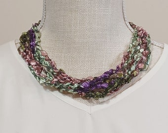 Ladder Yarn Necklace in Soft Pastels; Crochet Ribbon Necklace in Lilac, Pink & Green; Handmade Gift for Her, Ready to Ship