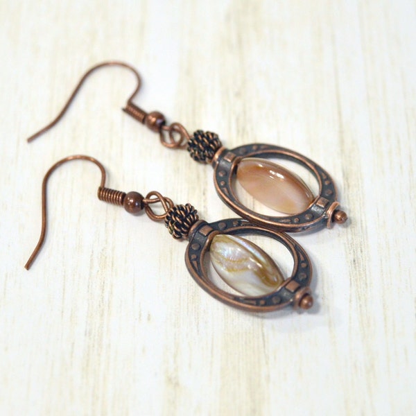 Framed Shell Earrings: Natural Shell Earrings with Antique Copper Oval Frame, Nickle-Free Ear Wires, Handmade in the USA