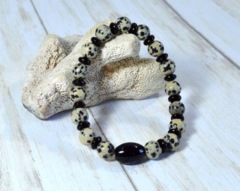 Black and White Dalmation Bracelet: Handmade Stretch Bracelet, Unisex Gemstone Bracelet, Man's or Woman's Bracelet, Made to Order