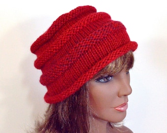 Hand Knit Red Beanie: Bright Red Heather Striped Beehive Hat, Roll Brim Accordion Hat, Adult Size S OR Child Size L, Handmade, Ready to Ship