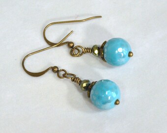 Sky Blue Drop Earrings: Minimalist Earrings with Faceted Glass Beads, Antique Bronze Finish Nickle-Free Ear Wires, Handmade, Ready to Ship