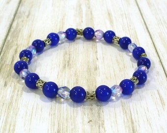 Royal Blue Bracelet with Czech Beads & Silver Accents: Handmade Cat's Eye Bead Bracelet, Woman's Stretch Bracelet, Made to Order