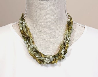 Olive and Green Tea Ladder Yarn Necklace: Crochet Ribbon Necklace in Monochrome Olive Green Hues; Handmade Gift for Her, Ready to Ship