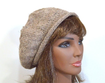 Hand Knit Brown Beret: Slouchy Tam, Tweedy Flecked Tan Hat, Slouchy Beret Size S/M, Handmade in the USA, Ready to Ship