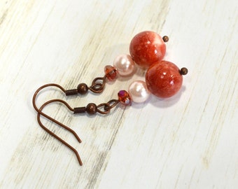 Orange & Pearl Earrings: Minimalist Earrings with Dyed Quartzite and Glass Pearls, Nickle-Free Ear Wires, Gifts for Her, Handmade in the USA