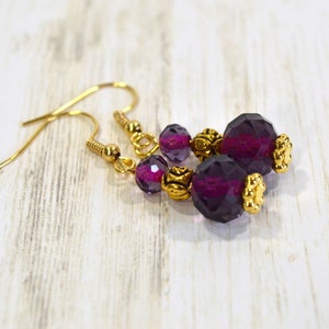 Purple Drop Earrings: Purple & Gold Retro Earrings with Sparkling Glass Beads, Gold Finish Accents, Nickle Free Ear Wires, Handmade Jewelry