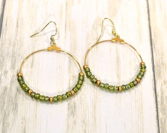 Gold & Green Hoop Earrings: Large Beaded Hoop Earrings, Nickle-Free Earwires, Handmade in the USA, Ready to Ship