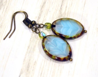 Boho Drop Earrings: Aqua Picasso Stones on Nickle-Free Bronze Finish Ear Wires, Jewelry Gifts for Her, Handmade in the USA, Ready to Ship