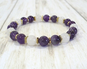 Amethyst and Quartzite Bracelet with Gold Accents: Handmade Gemstone Bracelet, Woman's Purple & White Bracelet, Custom Made Gifts for Her